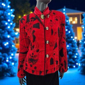Vintage Black Cat Jacket Embroidered Red  Jacket Petite Large PL Allure Y2K Coat